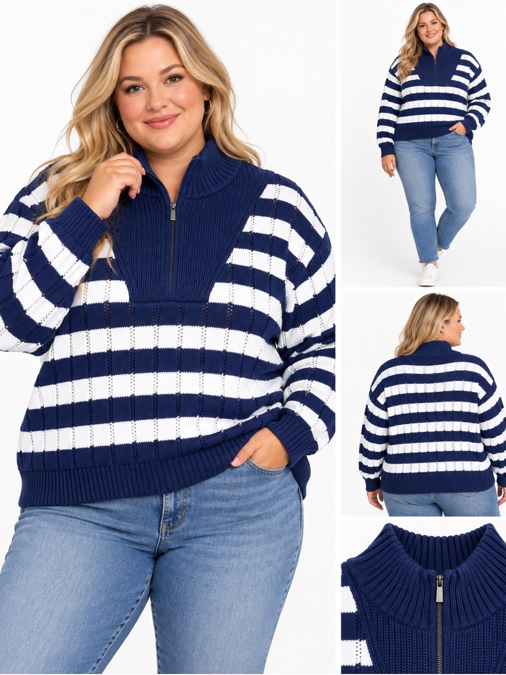 Women’s 1X Plus Size Navy & White Striped Quarter-Zip Knit Sweater Chunky knit